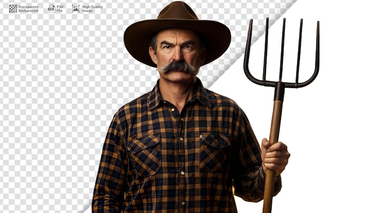 PSD retrato de un granjero con una horquilla y una camisa y un sombrero a cuadros