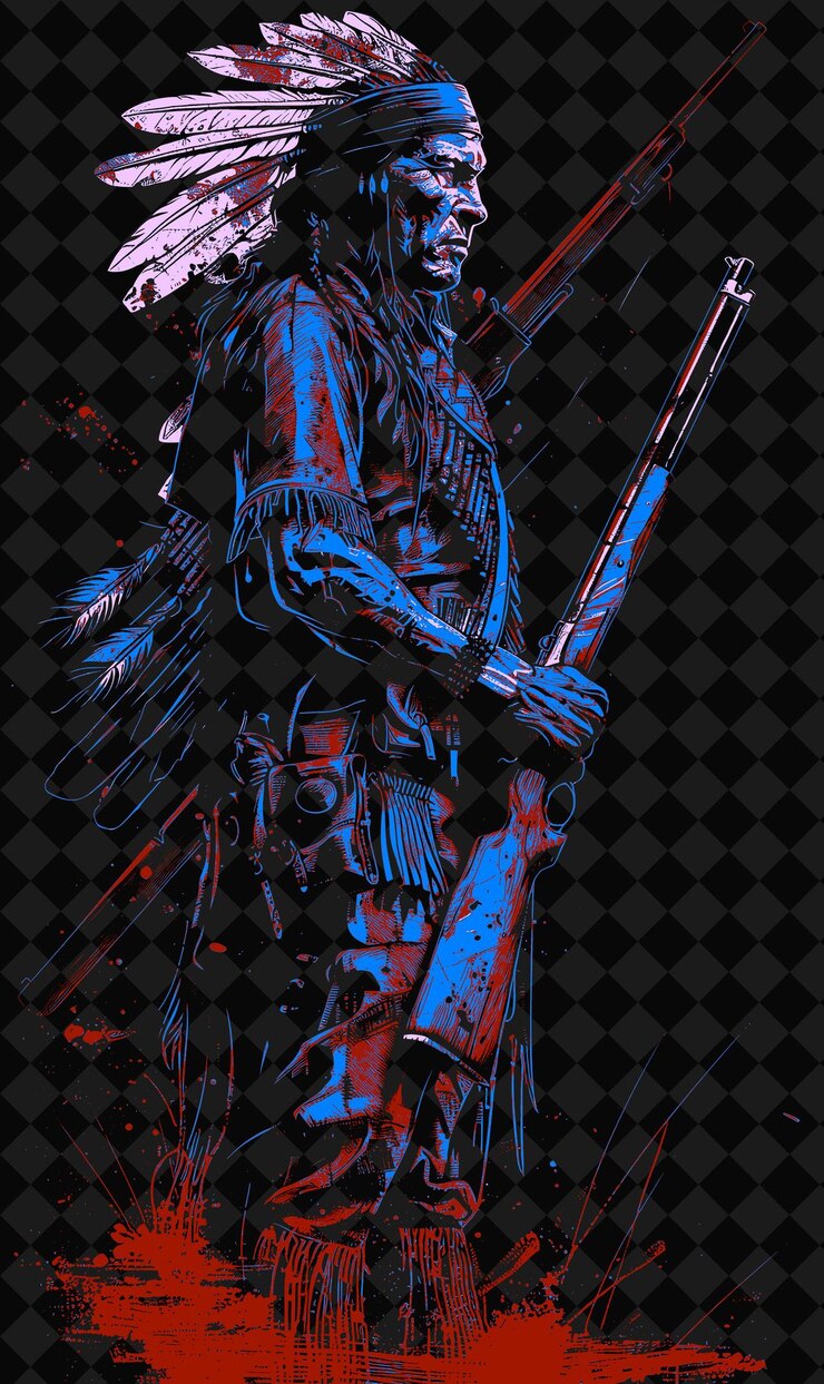 PSD retrato de guerrero apache con sombrero de guerra y rifle de pie w ilustración de personajes png