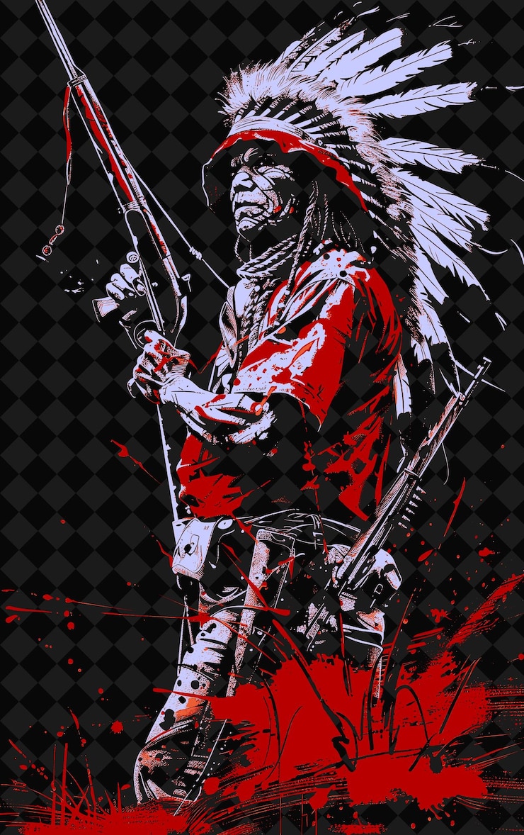 PSD retrato de guerrero apache con sombrero de guerra y rifle de pie w ilustración de personajes png