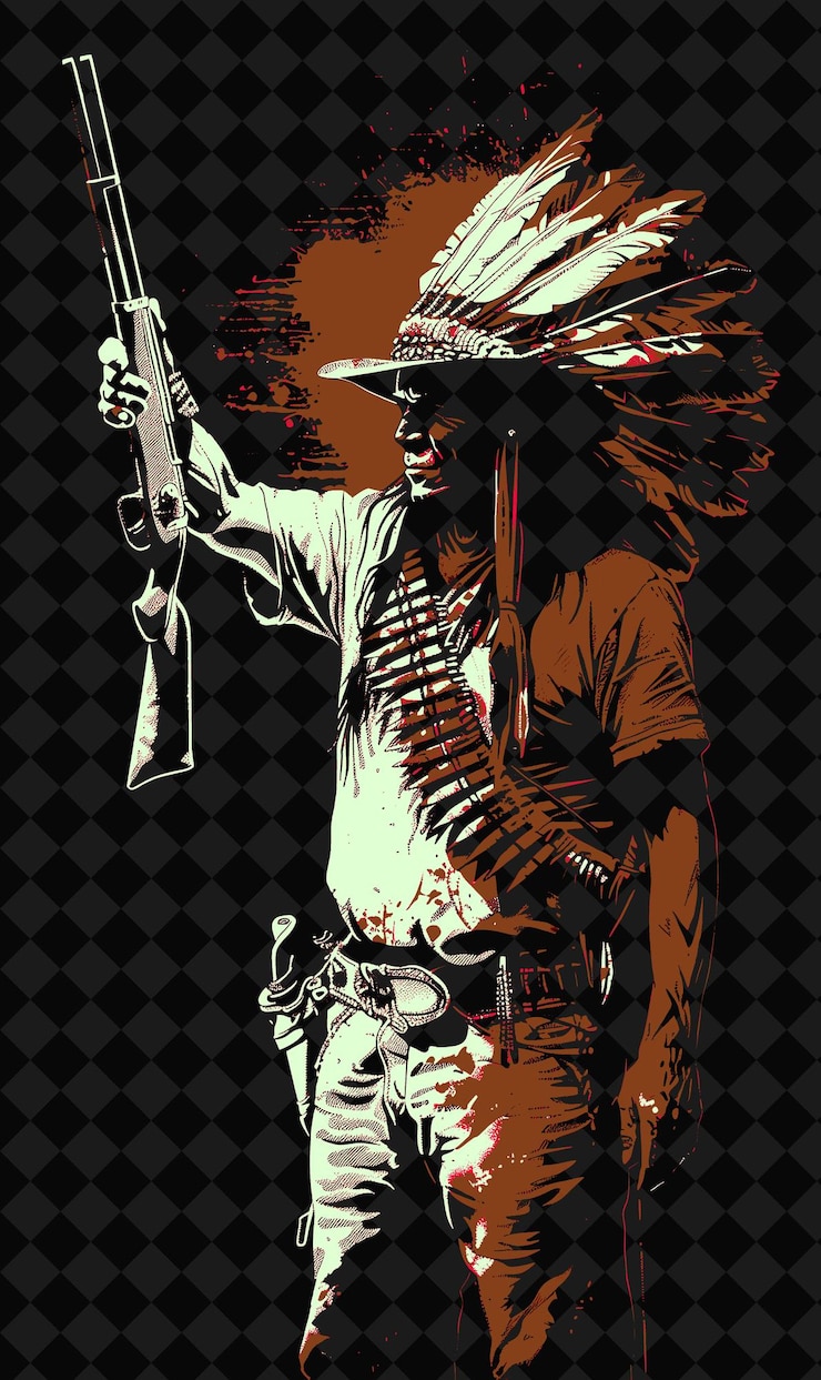 PSD retrato de guerrero apache con sombrero de guerra y rifle de pie w ilustración de personajes png