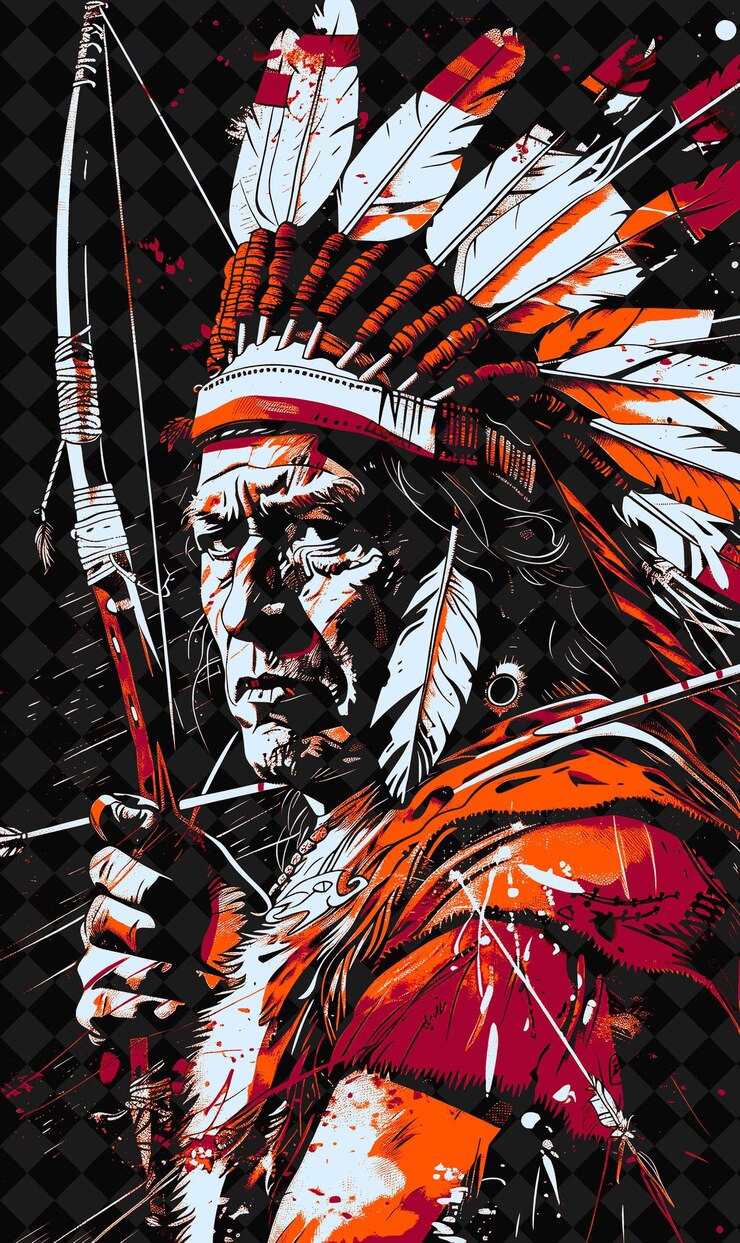 PSD retrato de guerrero apache con tocado de pluma y pintura de guerra diseños de personajes de ilustración png