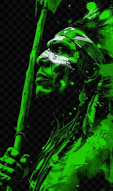PSD retrato de guerrero cherokee vectorial con pintura de guerra y arte de collage de t-shirt tomahawk