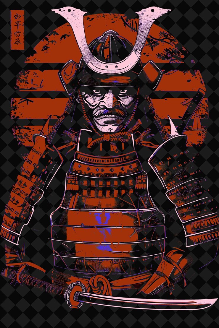 PSD retrato de guerrero japonés ashigaru con armadura tradicional y diseños de personajes de ilustración png