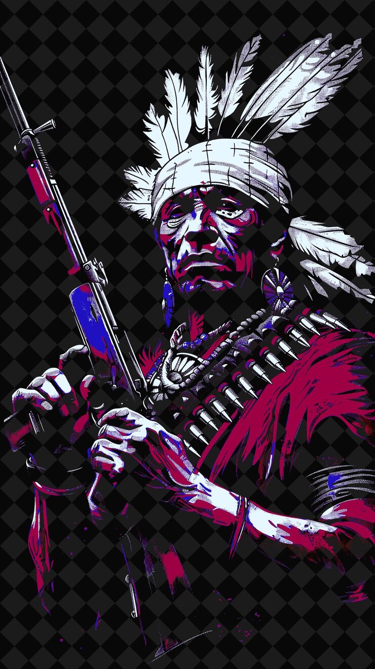 PSD retrato de un guerrero navajo con joyas turquesas y un rifle png diseños de personajes de ilustración