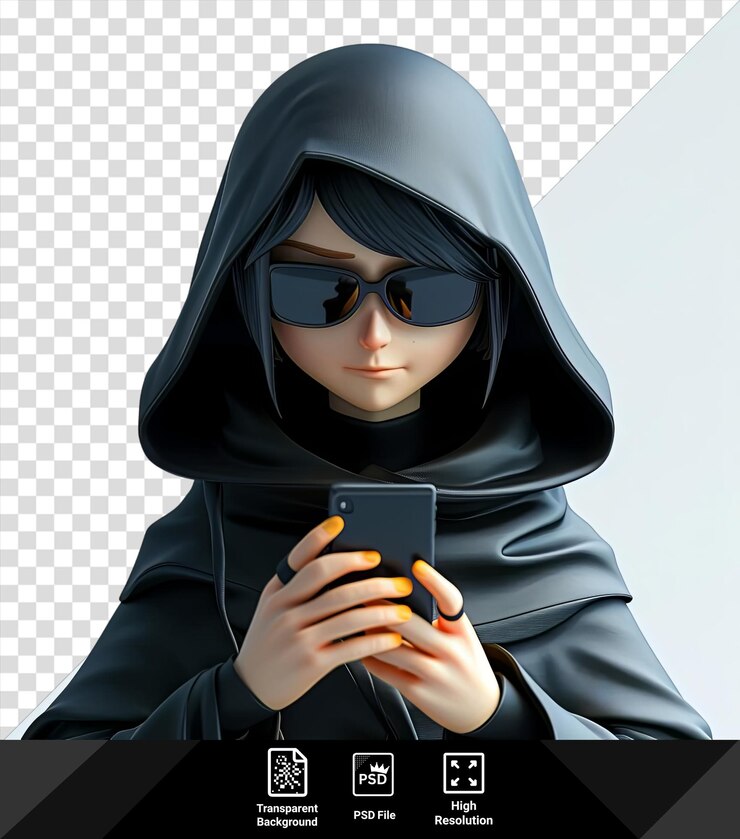 PSD retrato de hacker con gafas de sol negras y sosteniendo un teléfono celular con una mano visible en primer plano