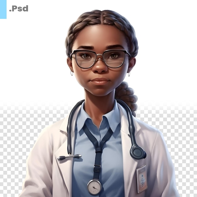 Retrato de una hermosa doctora afroamericana con estetoscopio. plantilla psd