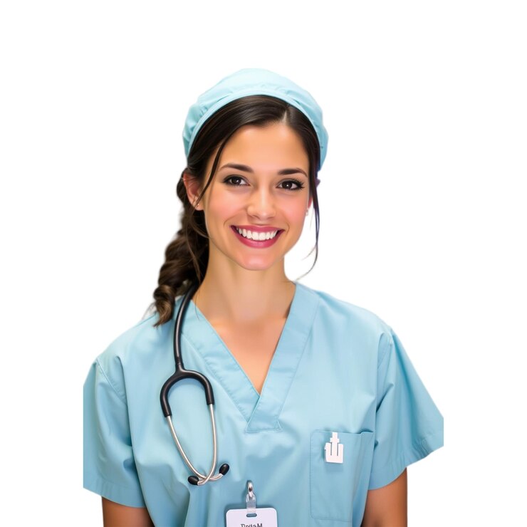 PSD retrato de una hermosa enfermera en uniforme sonriendo con confianza en un entorno de atención médica profesional