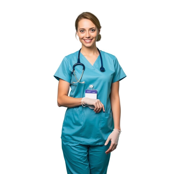 PSD retrato de una hermosa enfermera en uniforme sonriendo con confianza en un entorno de atención médica profesional