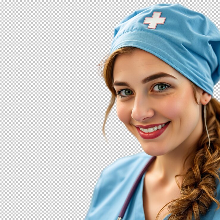 PSD retrato de una hermosa enfermera en uniforme sonriendo con confianza en un entorno de atención médica profesional