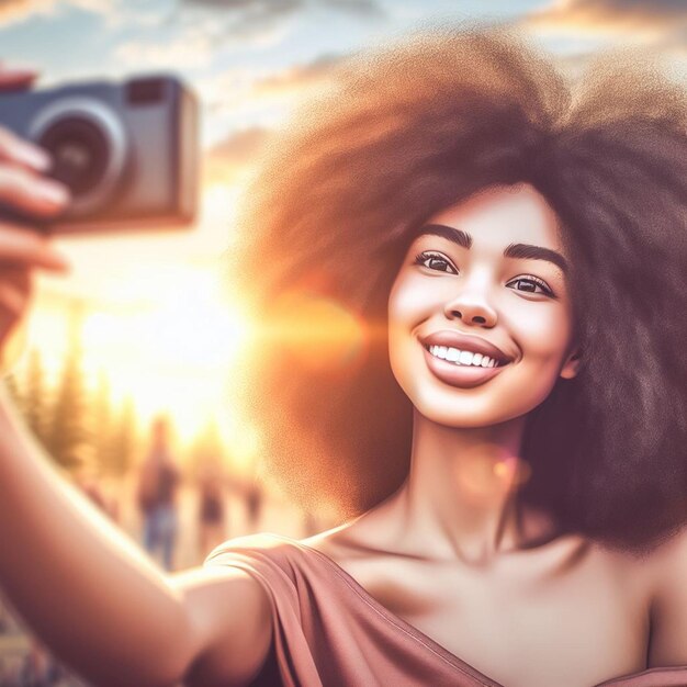 Retrato de una hermosa joven negra con una cara sonriente y sonriente con dientes afro de moda.