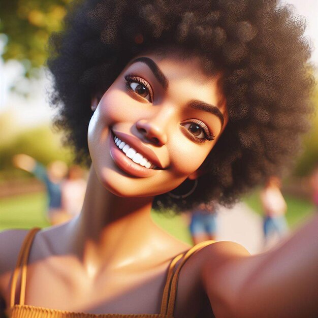Retrato de una hermosa joven negra con una cara sonriente y sonriente con dientes afro de moda.