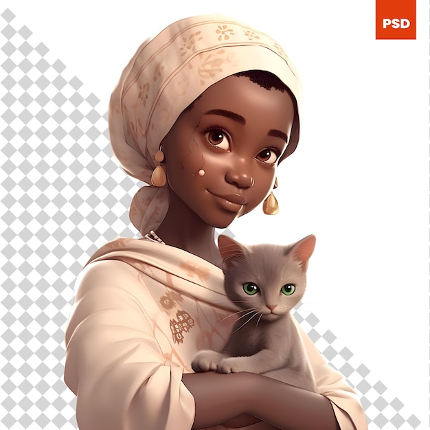 Retrato de una hermosa mujer afroamericana con un gato
