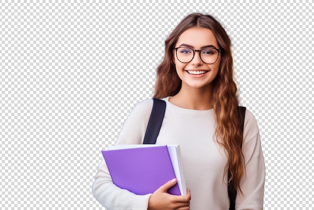 PSD retrato de una hermosa mujer joven con libros aislados en un fondo transparente