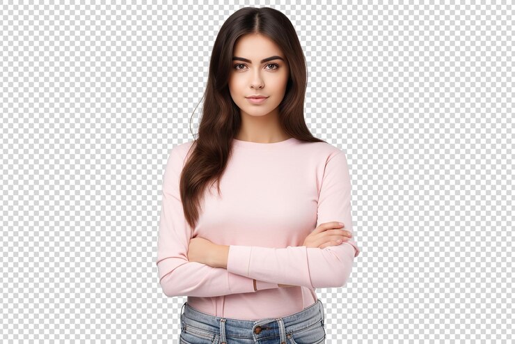 PSD retrato de una hermosa mujer joven sonriendo aislada sobre un fondo transparente