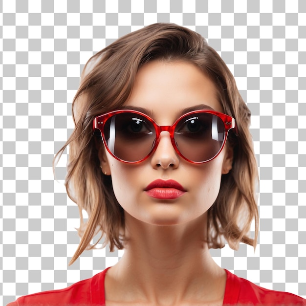 Retrato de una hermosa mujer joven con vestido rojo y gafas de sol aisladas sobre un fondo transparente