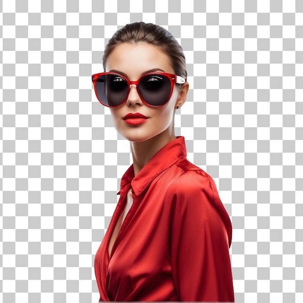 PSD retrato de una hermosa mujer joven con vestido rojo y gafas de sol aisladas sobre un fondo transparente