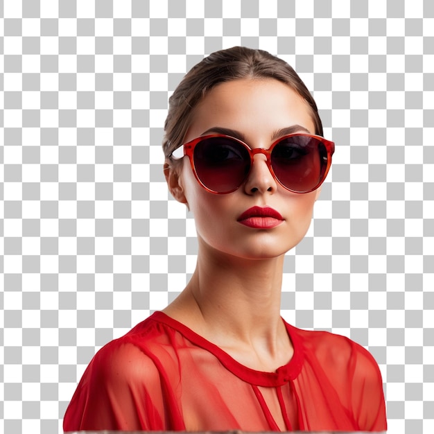 PSD retrato de una hermosa mujer joven con vestido rojo y gafas de sol aisladas sobre un fondo transparente