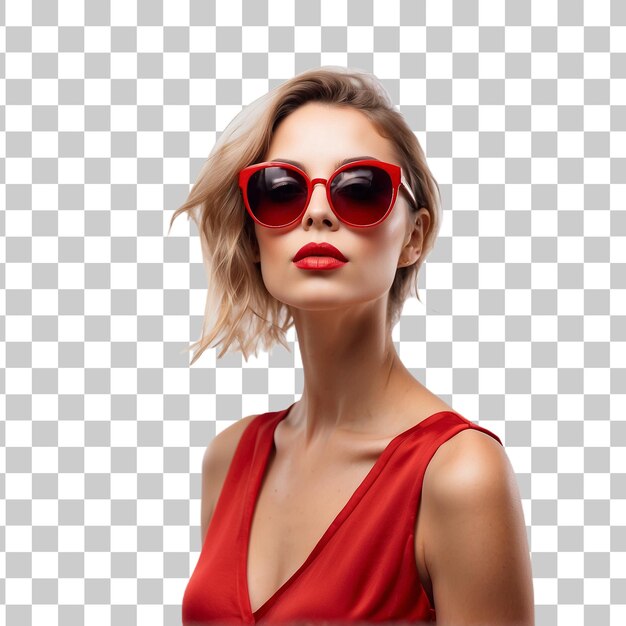 Retrato de una hermosa mujer joven con vestido rojo y gafas de sol aisladas sobre un fondo transparente