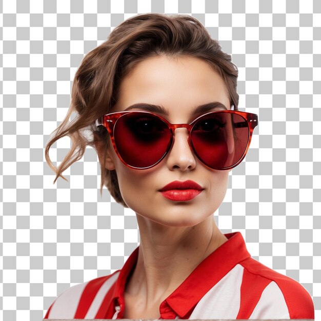 Retrato de una hermosa mujer joven con vestido rojo y gafas de sol aisladas sobre un fondo transparente