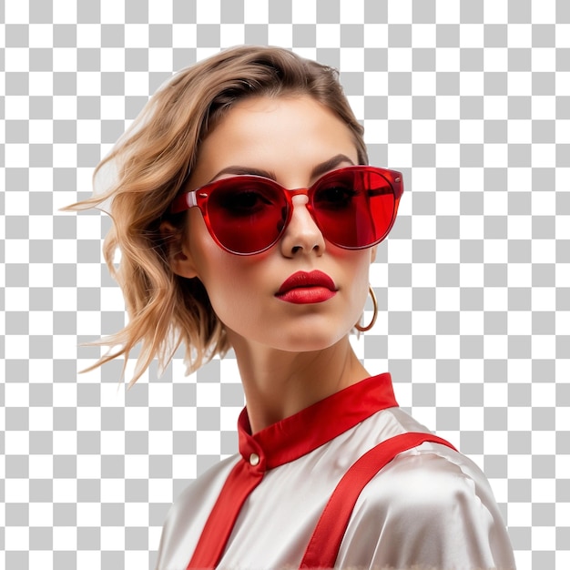 Retrato de una hermosa mujer joven con vestido rojo y gafas de sol aisladas sobre un fondo transparente