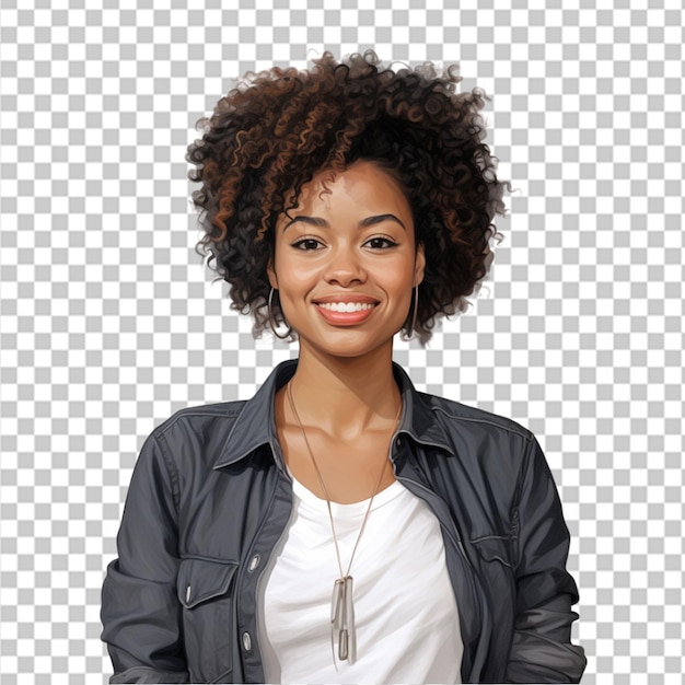 Retrato de una hermosa mujer negra feliz de pie con los brazos cruzados aislados en un fondo transparente