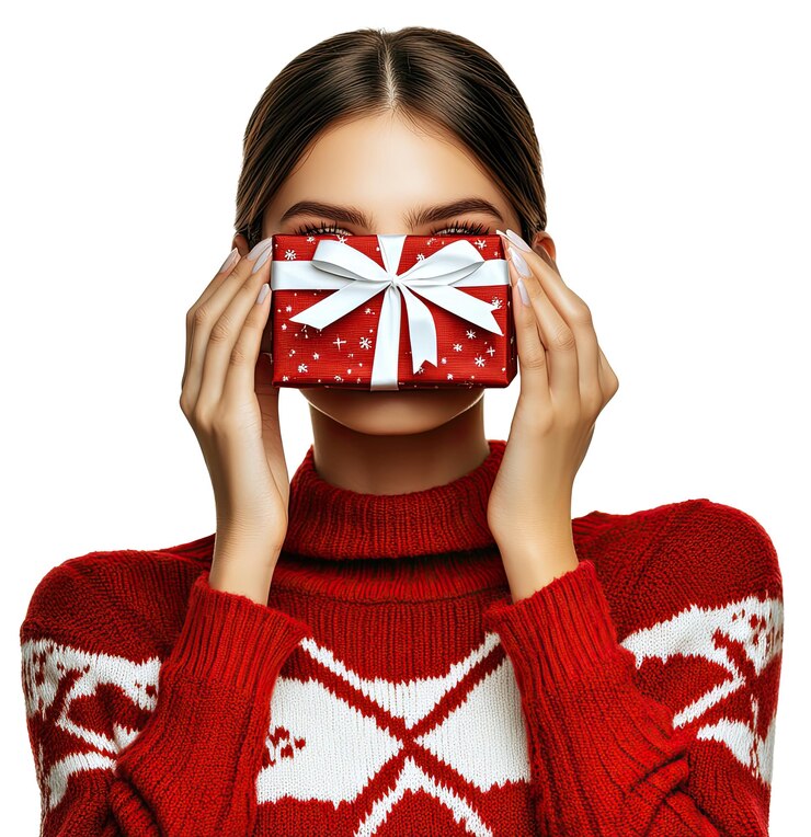 PSD retrato de una hermosa mujer con un suéter rojo de navidad sosteniendo una caja de regalos