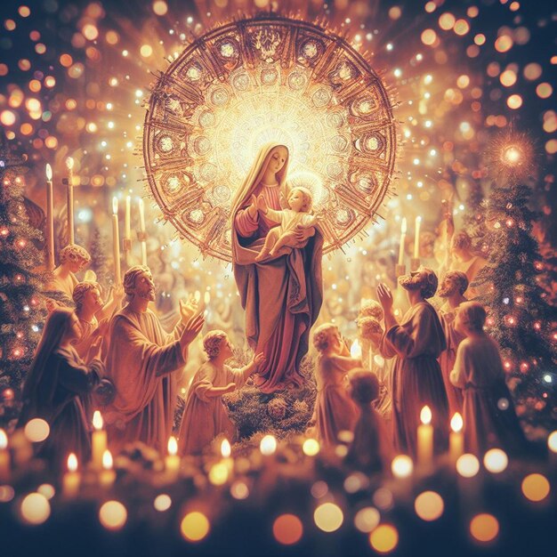 Retrato hiper-realista da santa estátua e rosto de jesus amado com luzes de fundo vibrantes.