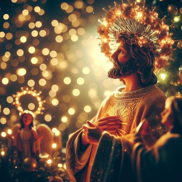 Retrato hiper-realista da santa estátua e rosto de jesus amado com luzes de fundo vibrantes.