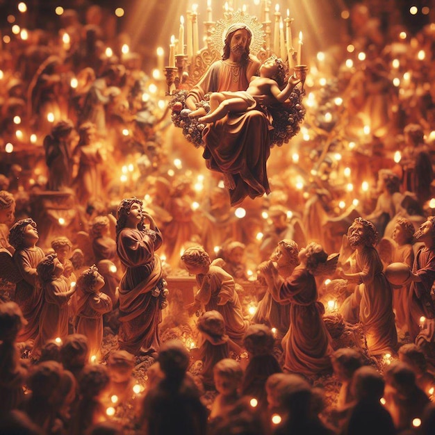 PSD retrato hiper-realista da santa estátua e rosto de jesus amado com luzes de fundo vibrantes.