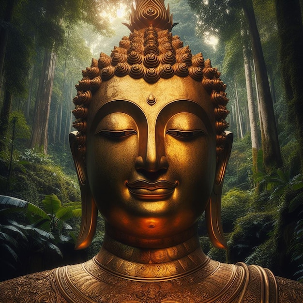 Retrato hiperrealista de la sagrada escultura dorada de Buda en el vibrante fondo de la selva.