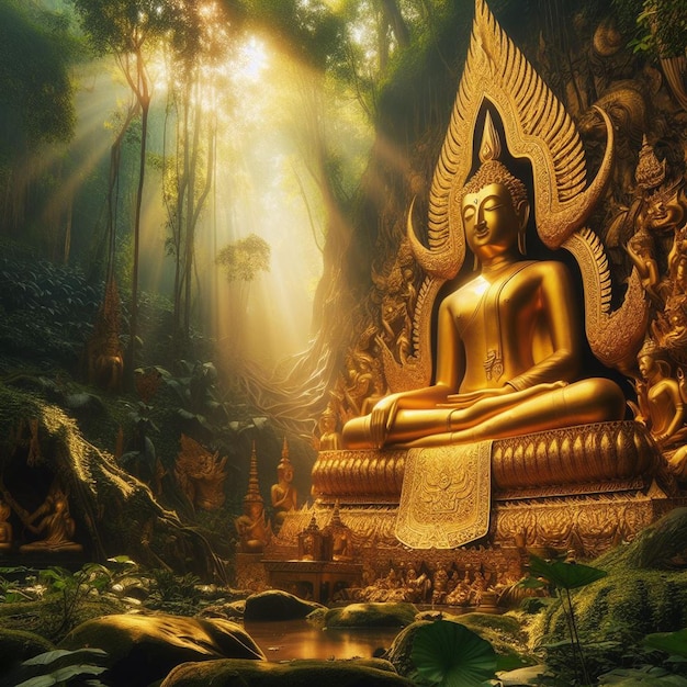 Retrato hiperrealista de la sagrada escultura dorada de buda en el vibrante fondo de la selva