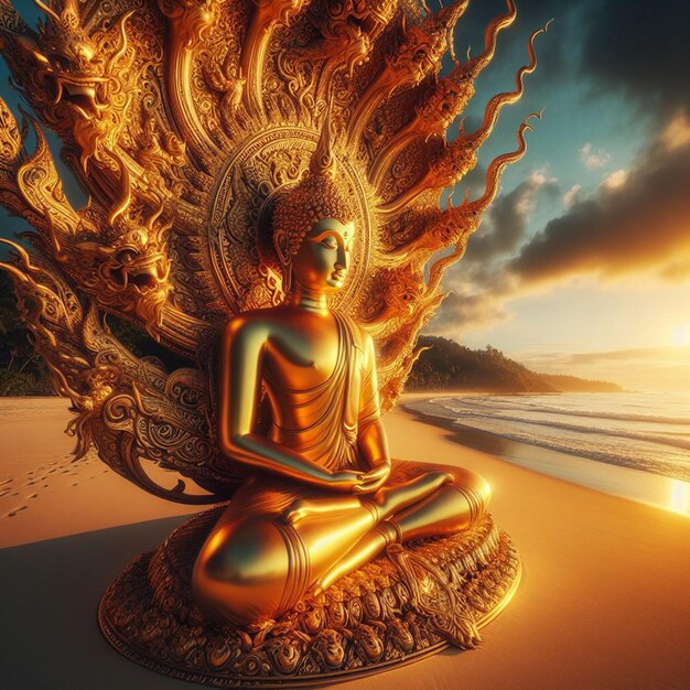 PSD retrato hiperrealista de la santa escultura sagrada de oro de buda en la playa al atardecer en el fondo de la arena del mar.