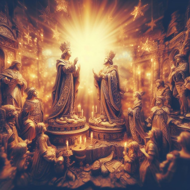 Retrato hiperrealista de la santa, sagrada y amada estatua y rostro de jesús con luces de fondo vibrantes.