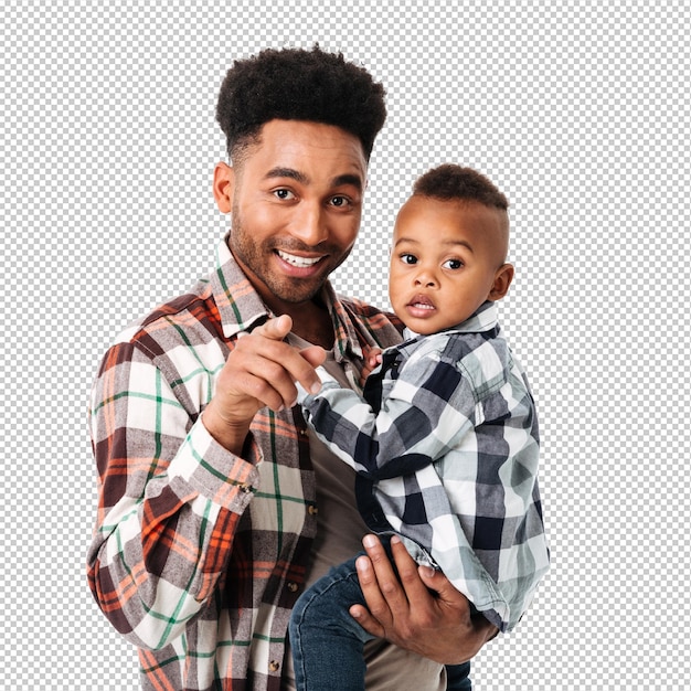 Retrato de un hombre africano sonriente con su pequeño hijo