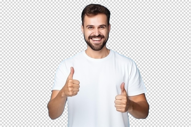 Retrato de un hombre alegre sonriendo y mostrando el pulgar hacia arriba aislado en un fondo transparente