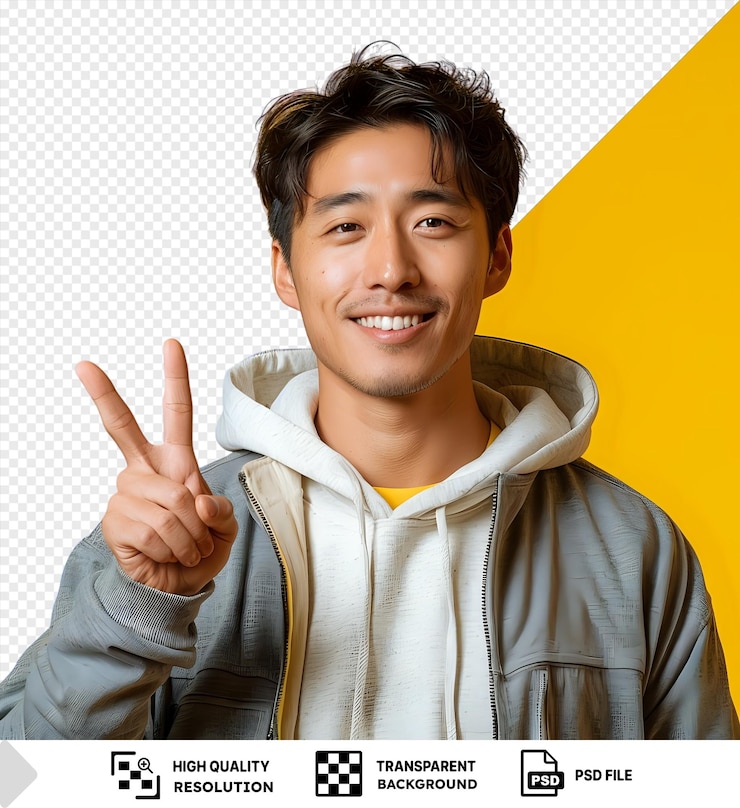 PSD retrato de hombre asiático con signo de gesto frente a la pared amarilla con cabello marrón nariz grande y ojos marrones con una mano visible en primer plano png psd