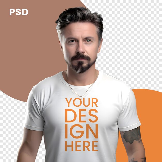 PSD retrato de un hombre barbudo con una camiseta blanca con el eslogan psd mockup