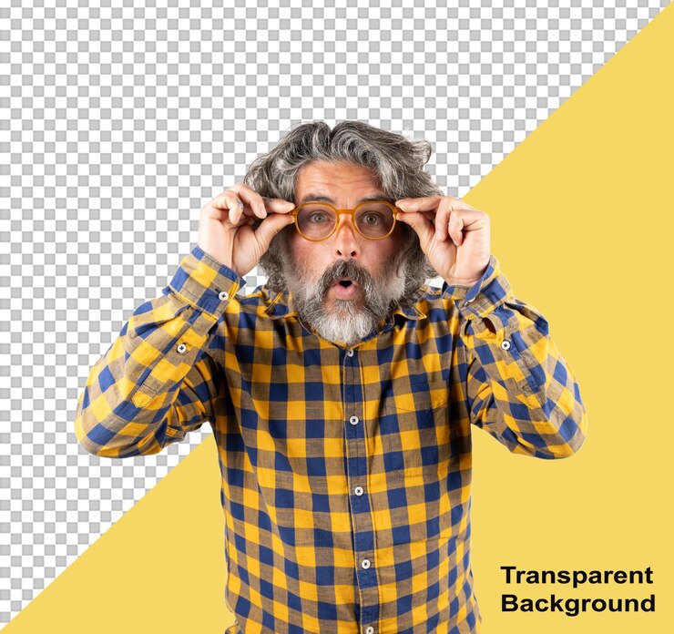 PSD retrato de un hombre barbudo sorprendido tocando sus gafas y mirando a la cámara sobre un fondo blanco