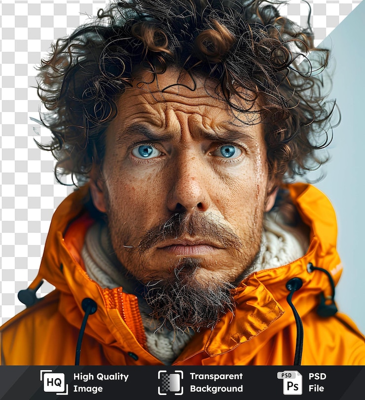 PSD retrato de un hombre con cabello rizado que lleva una chaqueta naranja con fondo transparente