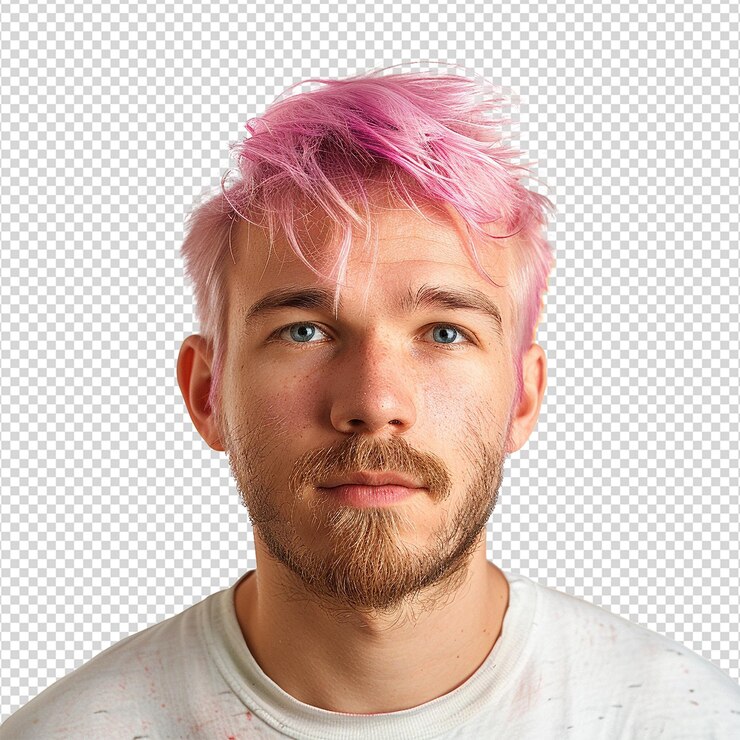 PSD retrato de un hombre con cabello rosado aislado sobre un fondo transparente