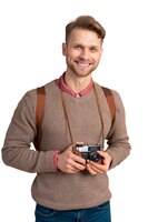PSD retrato de hombre con cámara y mochila.