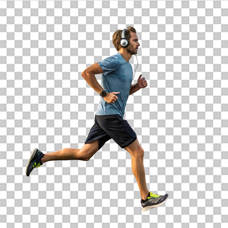 PSD retrato de un hombre continuo con auriculares y zapatillas deportivas ejecutando el concepto de un estilo de vida saludable velocidad todo está a tiempo