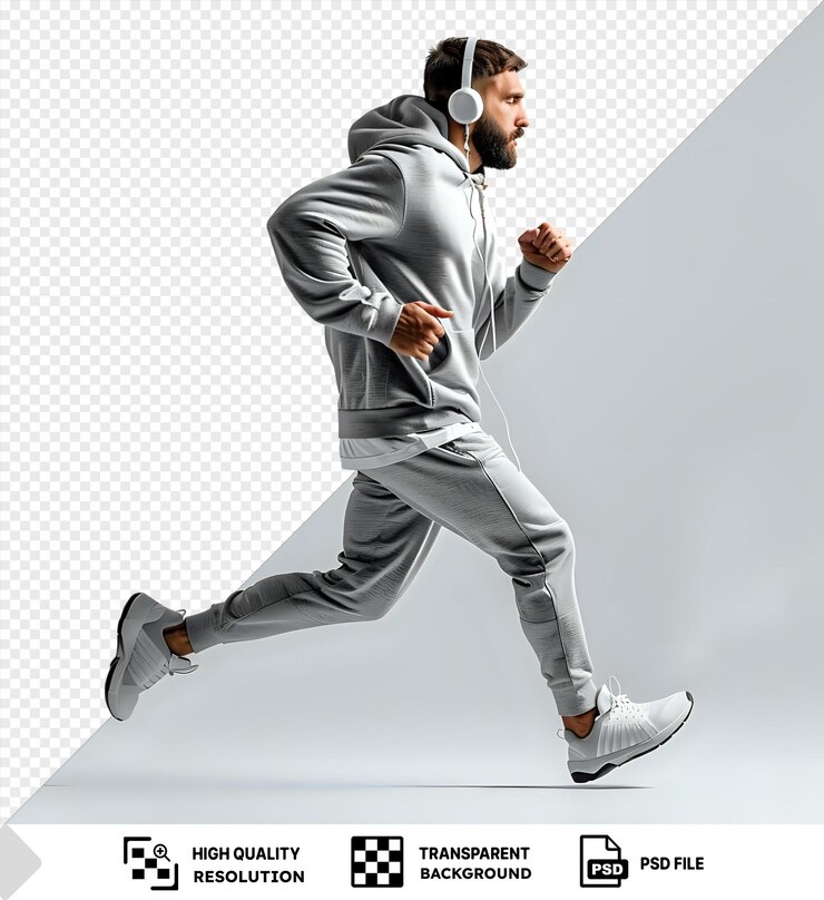 PSD retrato un hombre continuo en auriculares y zapatillas deportivas está ejecutando el concepto de un estilo de vida saludable velocidad todo está a tiempo