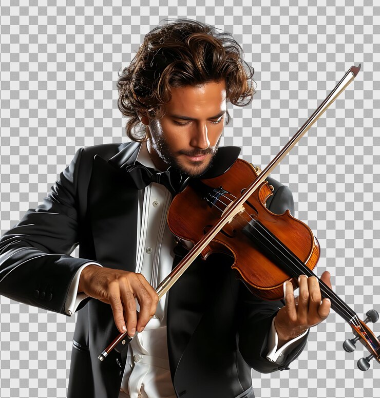 PSD retrato de un hombre elegante tocando un violín aislado en un fondo transparente