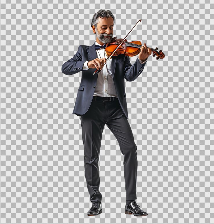 PSD retrato de un hombre elegante tocando un violín aislado en un fondo transparente