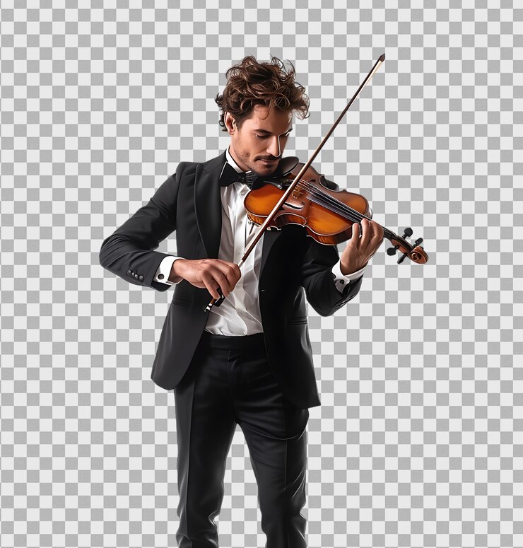 PSD retrato de un hombre elegante tocando un violín aislado en un fondo transparente
