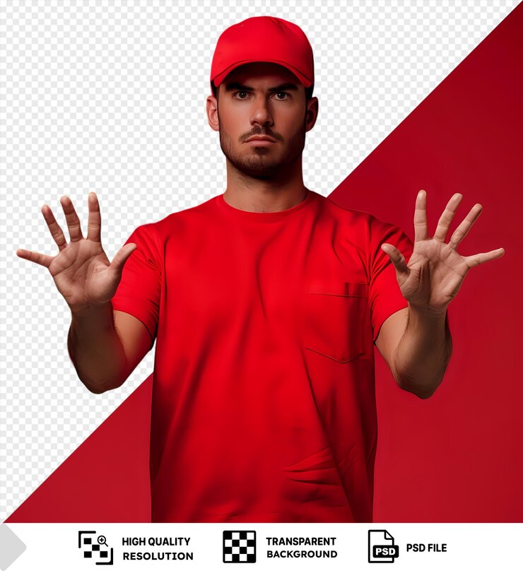 PSD retrato hombre de entrega empleado gorra roja camiseta en blanco uniforme mirando cámara con cara seria haciendo stop gesto con las manos de pie frente a la pared roja