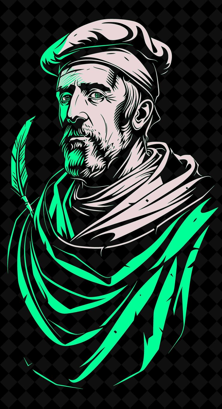 PSD retrato de hombre escriba con túnica y gorra con pluma e tinta diseño de colores vívidos colecciones png