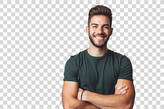 Retrato de un hombre feliz con el brazo cruzado sobre un fondo blanco aislado