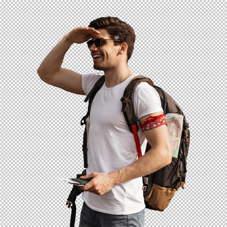 PSD retrato de hombre fresco en camiseta blanca mirando a la distancia y sonriente chico morena con gafas de sol sonríe y tiene pasaporte cerca del aeropuerto